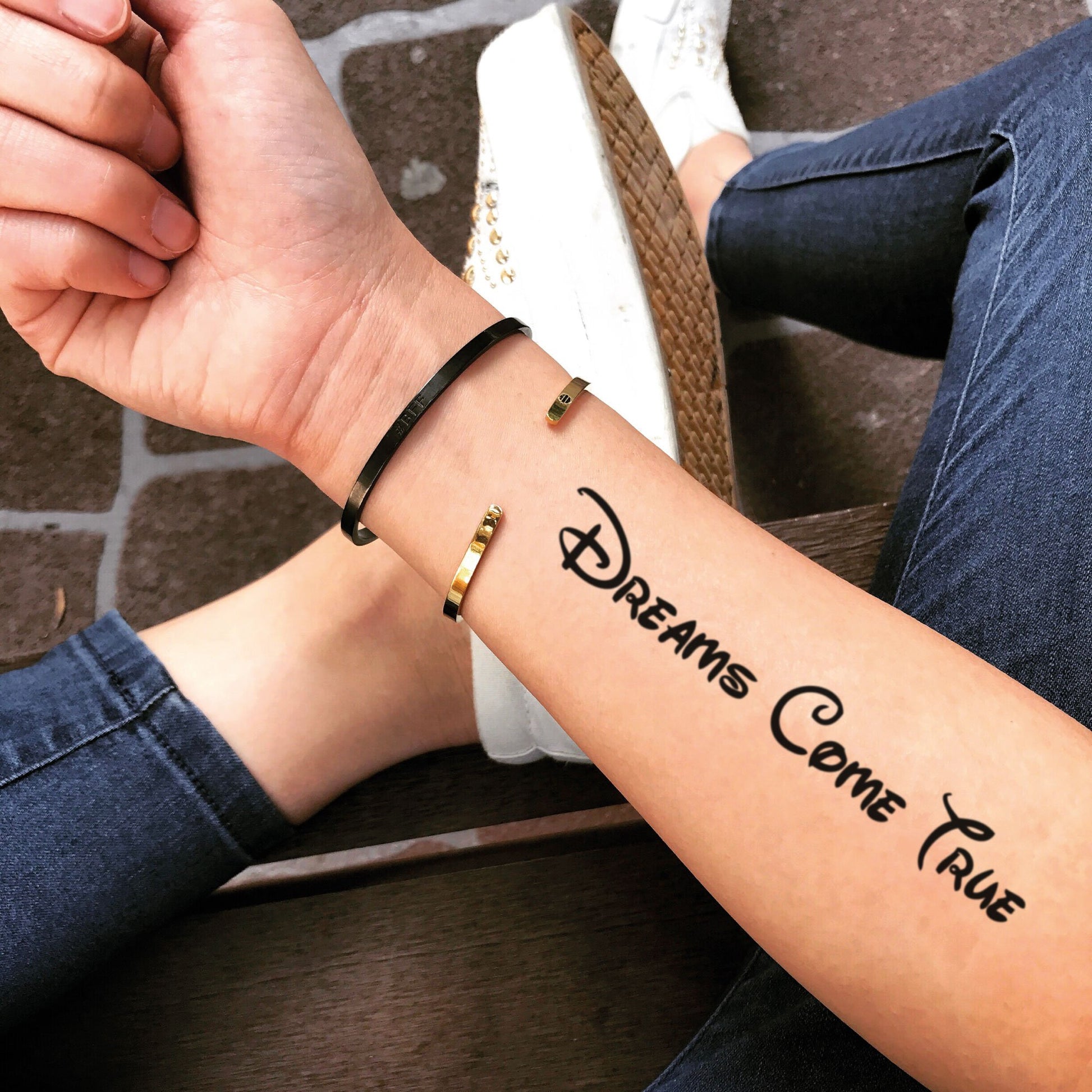 fake medium dreams come true Lettering temporary tattoo sticker design idea on forearm