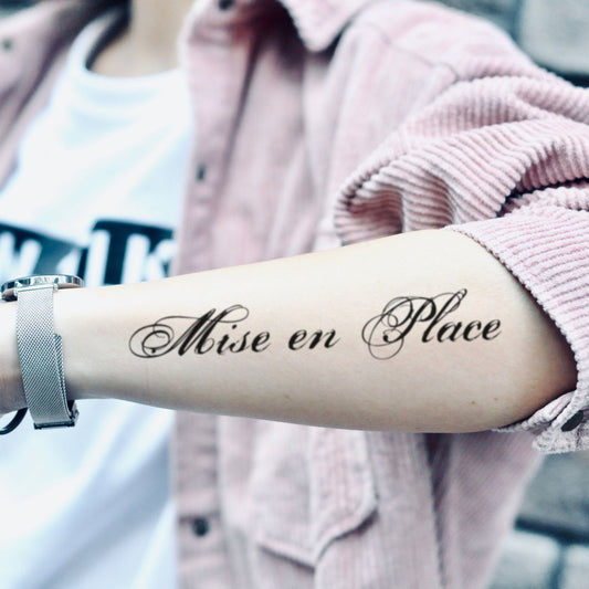 fake medium mise en place lettering temporary tattoo sticker design idea on forearm