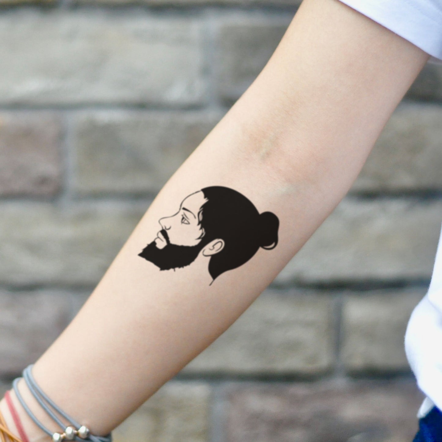 fake small bearded lady illustrative temporary tattoo sticker design idea on inner arm