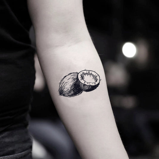 fake small coconut food temporary tattoo sticker design idea on inner arm