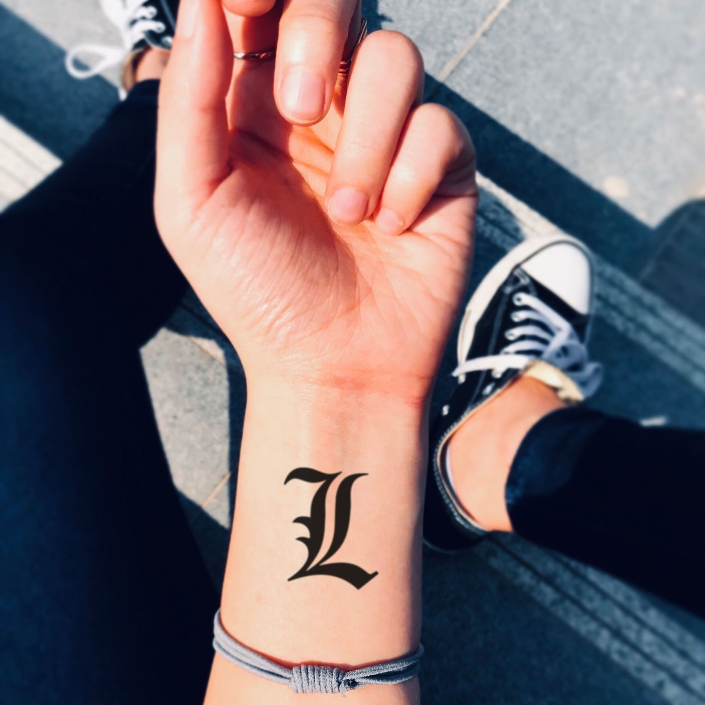 fake small death note letter l Lettering temporary tattoo sticker design idea on wrist