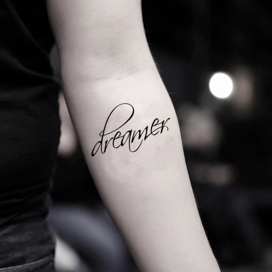 fake small dreamer lettering temporary tattoo sticker design idea on inner arm