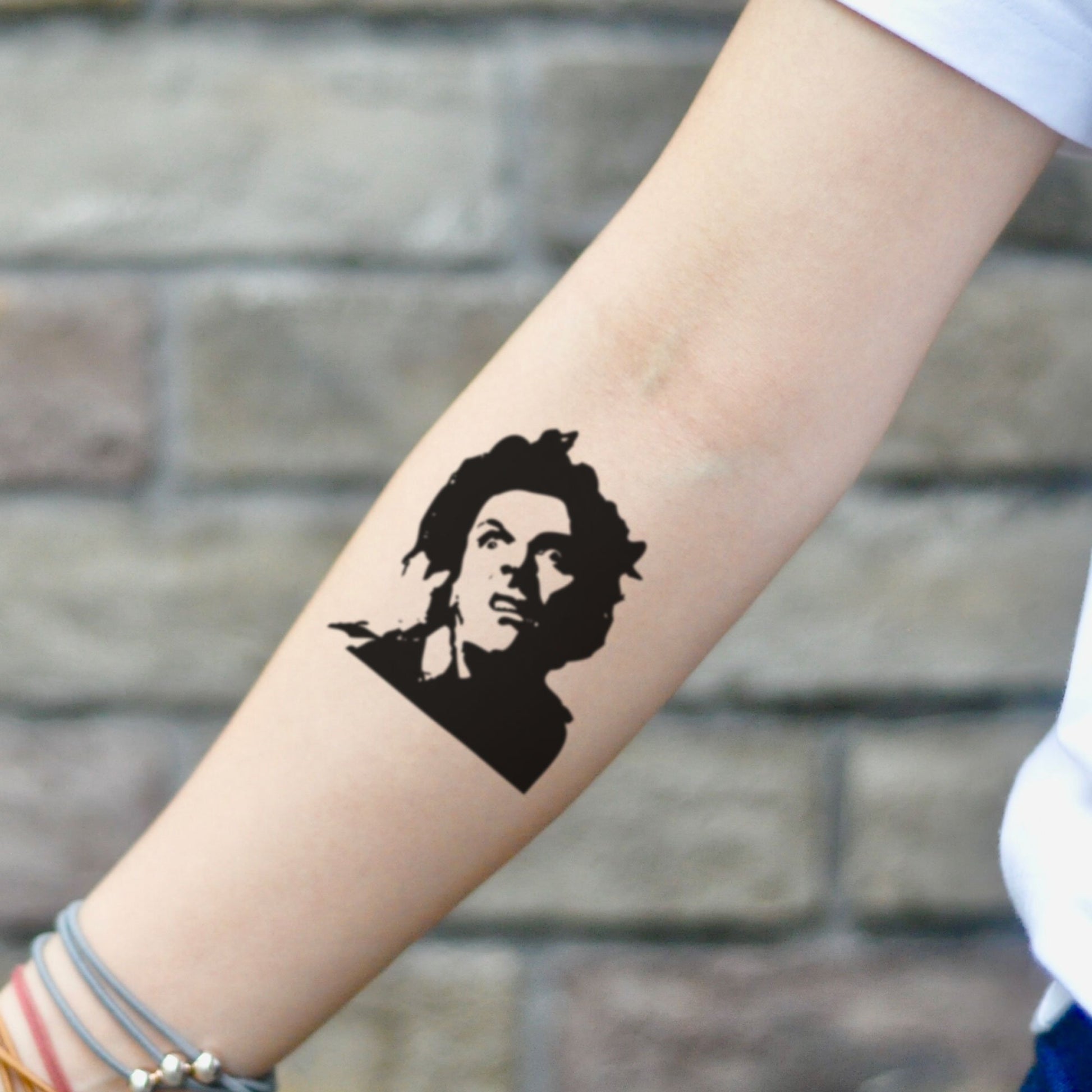 fake small drop dead fred Portrait temporary tattoo sticker design idea on inner arm