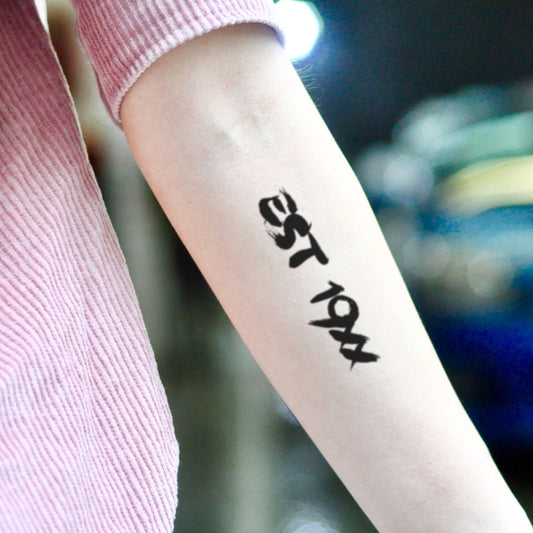 fake small established est 19xx lettering temporary tattoo sticker design idea on inner arm