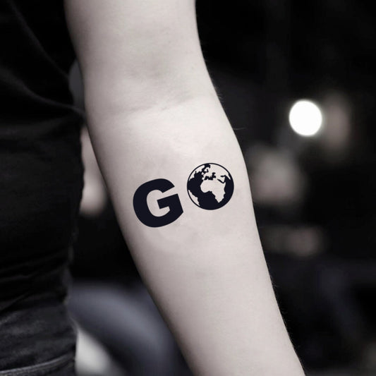 fake small go lettering temporary tattoo sticker design idea on inner arm