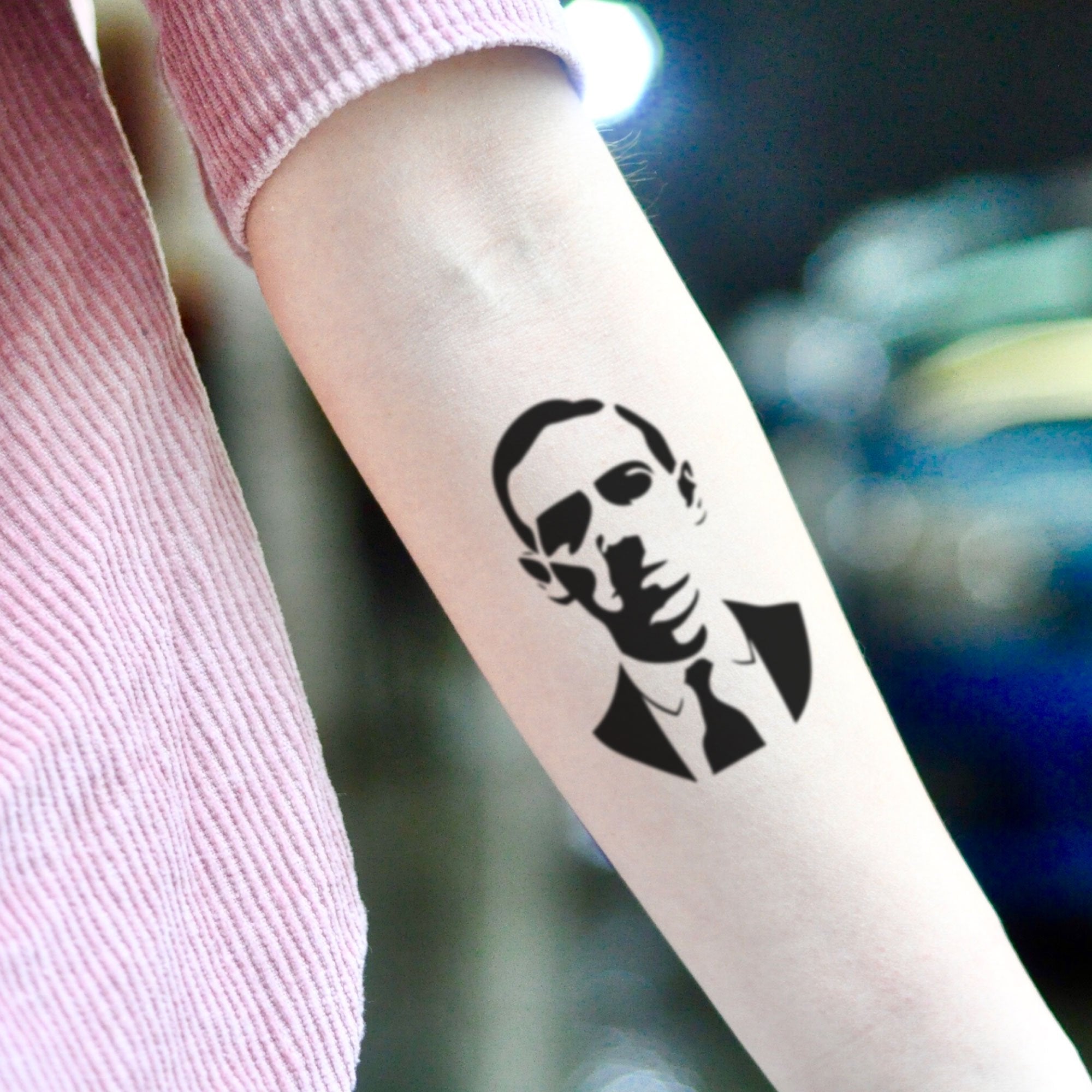 Small HP Lovecraft Portrait Temporary Tattoo Sticker Design Idea Inner Arm
