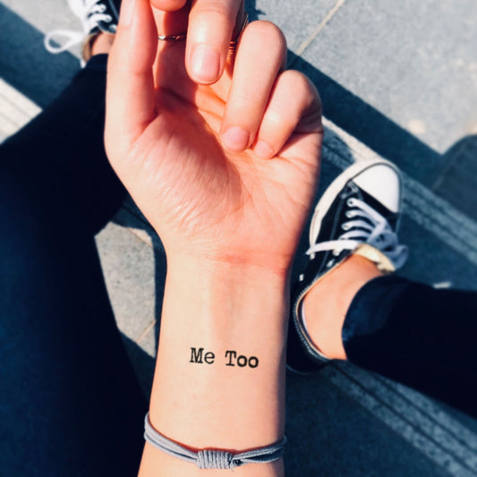 fake small me too lettering temporary tattoo sticker design idea on wrist