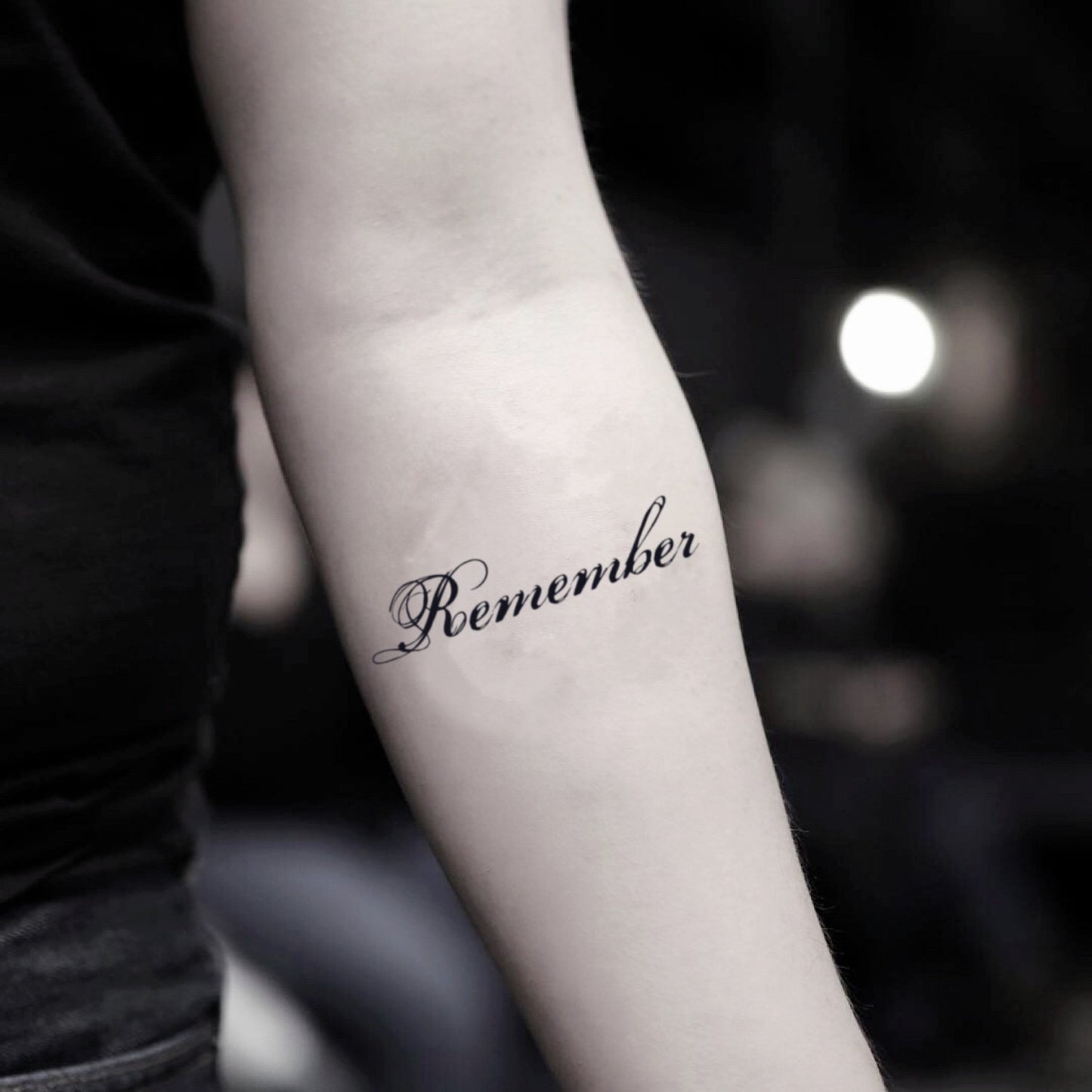 fake small remember lettering temporary tattoo sticker design idea on inner arm