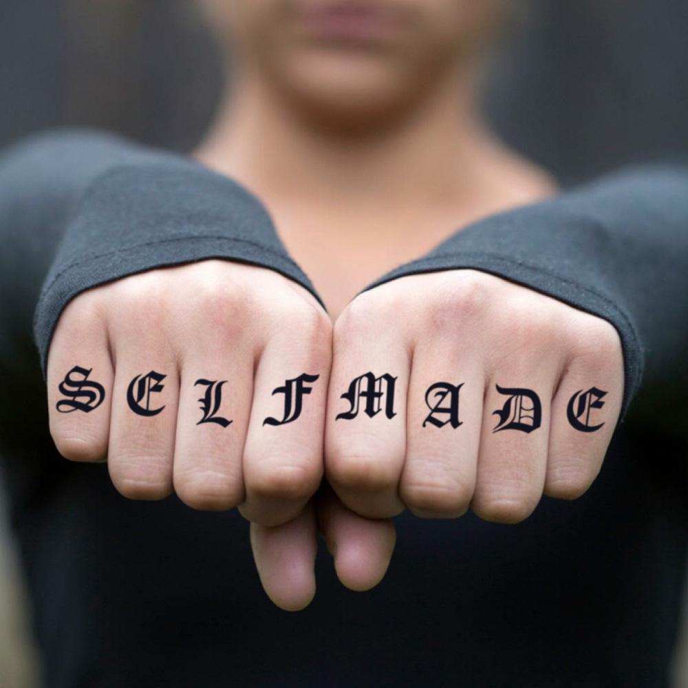 fake small self made lettering temporary tattoo sticker design idea on finger