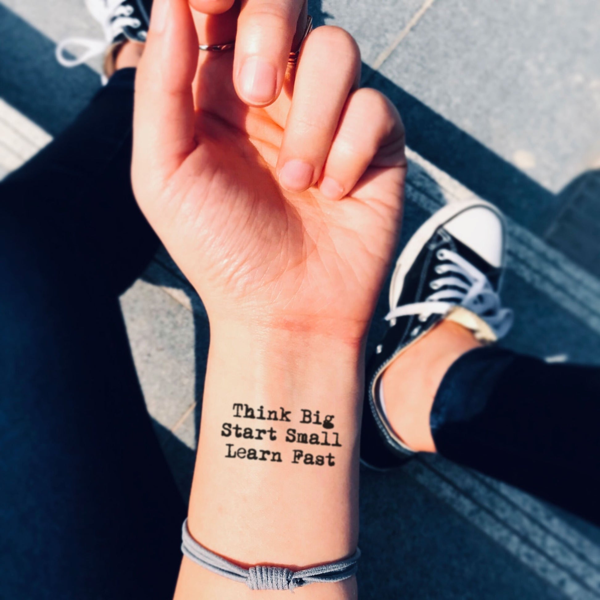 fake small think big start small learn fast entrepreneur epic quote lettering temporary tattoo sticker design idea on wrist